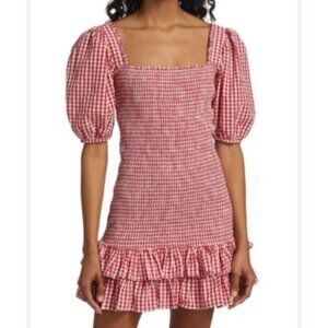 BYTIMO Gingham Smocked Mini Dress red white Women’s XS square neck puff ruffle